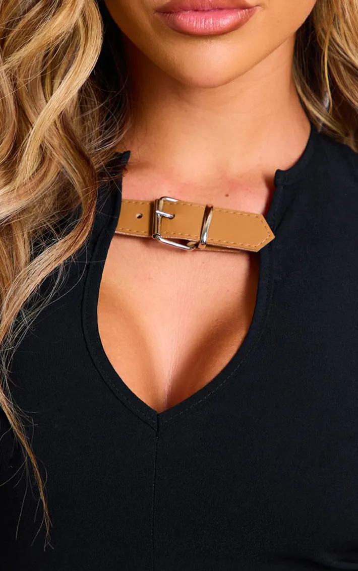 Black Stretch Woven Buckle Detail Key Hole Jumpsuit