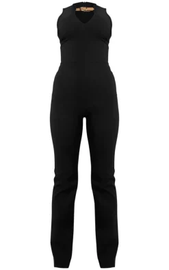 Black Stretch Woven Buckle Detail Key Hole Jumpsuit