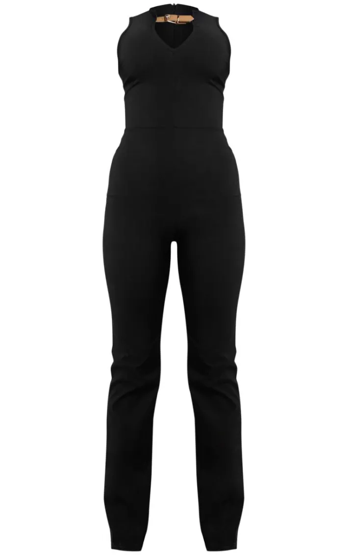 Black Stretch Woven Buckle Detail Key Hole Jumpsuit