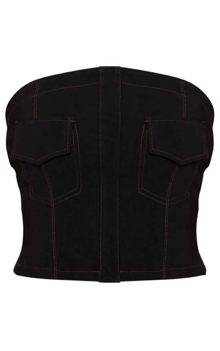 Black Stretch Woven Contrast Stitch Pocket Detail Crop Top