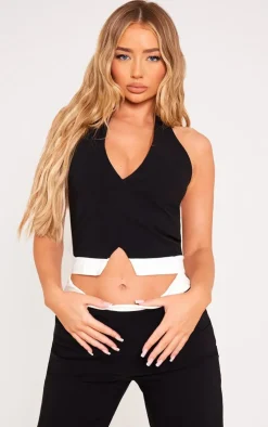 Clearance PrettyLittleThing Stretch Woven Contrast Plunge Halter Neck Crop Top Black