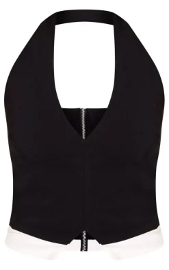 Clearance PrettyLittleThing Stretch Woven Contrast Plunge Halter Neck Crop Top Black