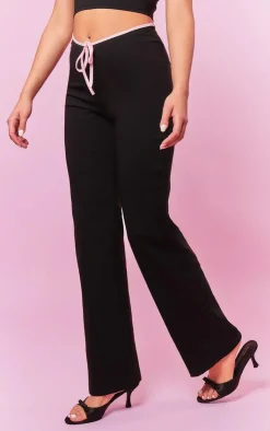 PrettyLittleThing Stretch Woven Contrast Binding Bow Detail Low Rise Pants Black