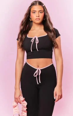 PrettyLittleThing Stretch Woven Contrast Binding Bow Detail Low Rise Pants Black