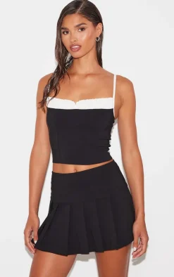 PrettyLittleThing Stretch Woven Contrast Bow Detail Top Black