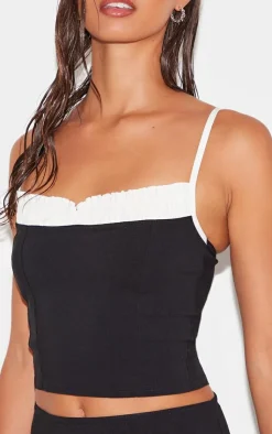 PrettyLittleThing Stretch Woven Contrast Bow Detail Top Black