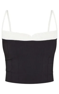 PrettyLittleThing Stretch Woven Contrast Bow Detail Top Black