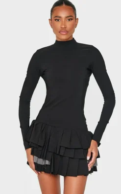 Stretch Woven Extreme Pleated Long Sleeve Shift Dress-PrettyLittleThing Online