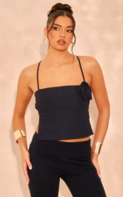 PrettyLittleThing Sleeveless Tops*Stretch Woven Flower Detail Tie Back Crop Top