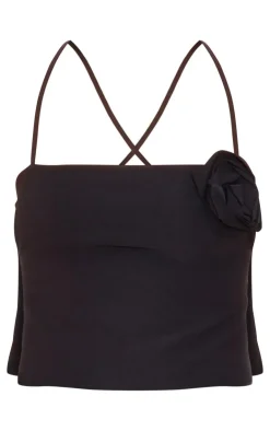 PrettyLittleThing Sleeveless Tops*Stretch Woven Flower Detail Tie Back Crop Top