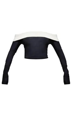 Outlet PrettyLittleThing Stretch Woven Fold Over Detail Bardot Long Sleeved Top Black
