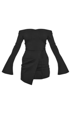 Stretch Woven Fold Bardot Wrap Bodycon Dress-PrettyLittleThing Online