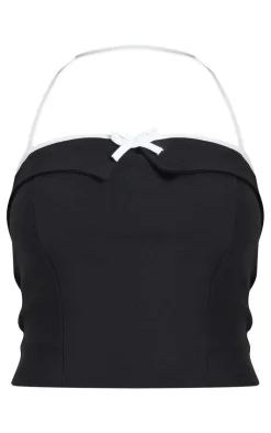 Clearance PrettyLittleThing Stretch Woven Halterneck Contrast Binding Long Top Black