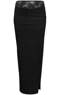 Discount PrettyLittleThing Stretch Woven Lace Trim Low Rise Midaxi Skirt Black