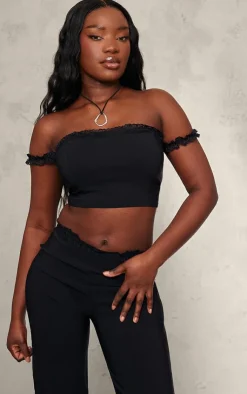 Best PrettyLittleThing Stretch Woven Lace Detail Off The Shoulder Crop Top Black