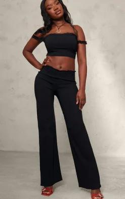 Best PrettyLittleThing Stretch Woven Lace Detail Off The Shoulder Crop Top Black