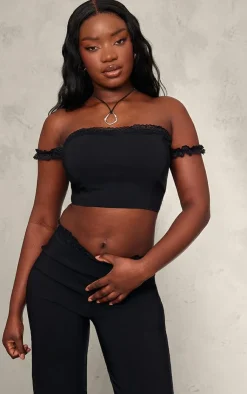Best PrettyLittleThing Stretch Woven Lace Detail Off The Shoulder Crop Top Black