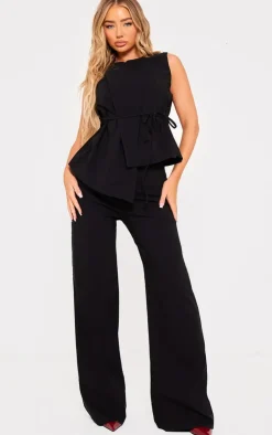Online PrettyLittleThing Stretch Woven Mid Rise Wide Leg Pants Black