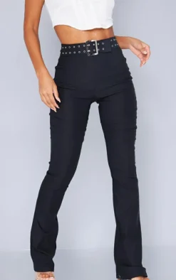 Black Stretch Woven 90's Belted Flared Pants