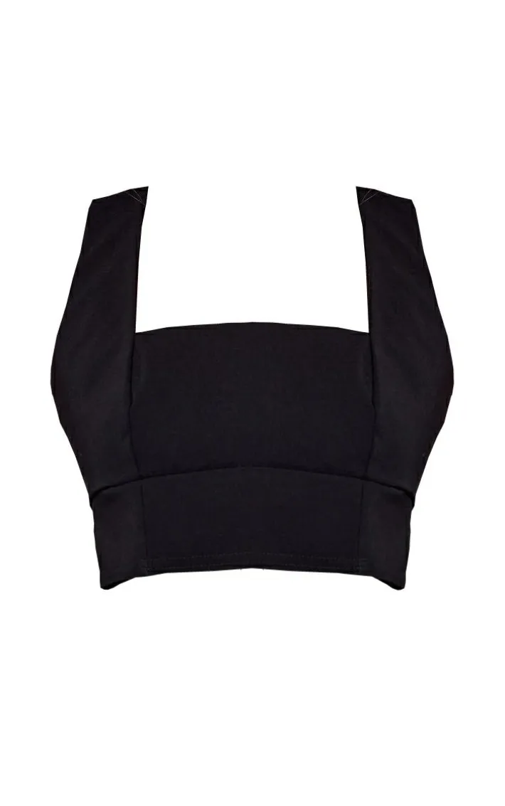 Black Stretch Woven Tie Back Crop Top