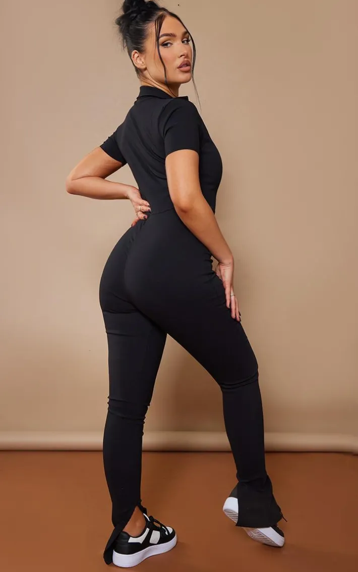 Black Stretch Woven Zip Front Collar Detail Jumpsuit