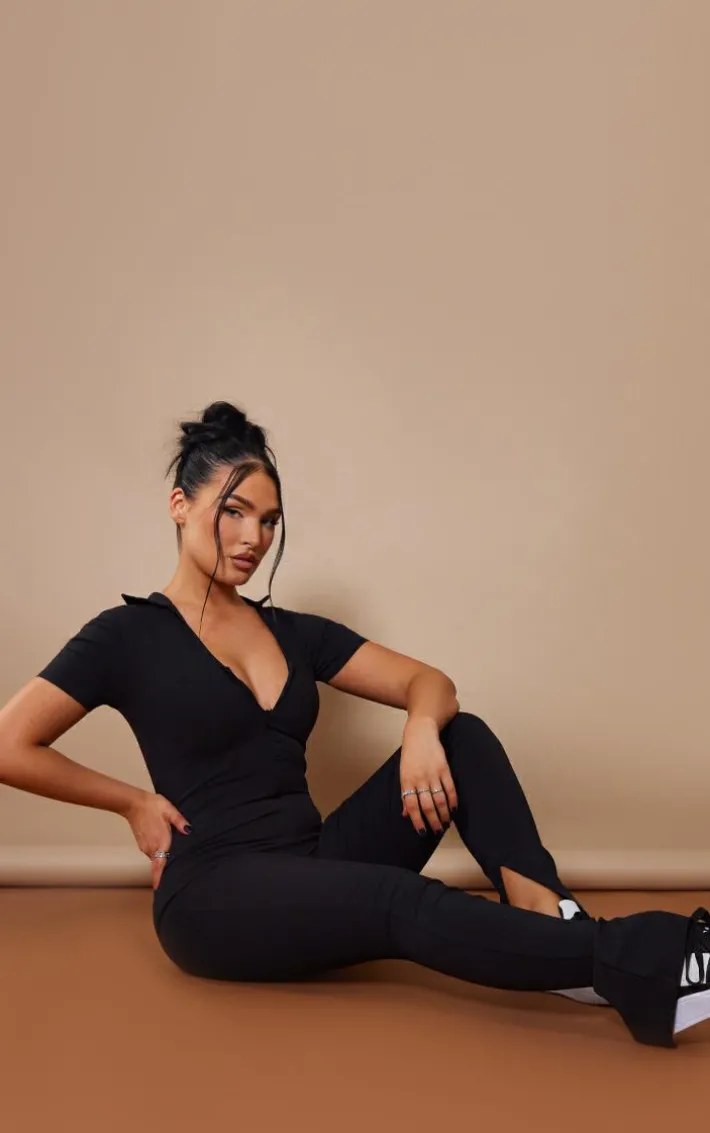 Black Stretch Woven Zip Front Collar Detail Jumpsuit