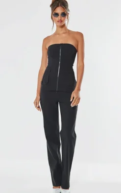 PrettyLittleThing Stretch Woven Zip Front Cargo Longline Bandeau Black