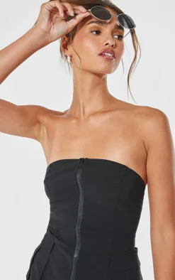 PrettyLittleThing Stretch Woven Zip Front Cargo Longline Bandeau Black