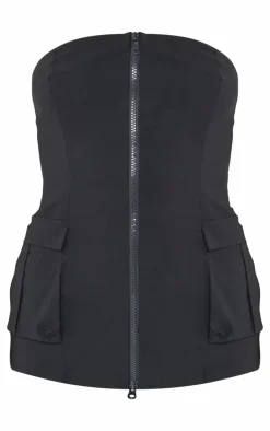PrettyLittleThing Stretch Woven Zip Front Cargo Longline Bandeau Black
