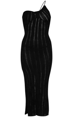 Stripe Crochet Knit Asymmetric Neck Maxi Dress-PrettyLittleThing
