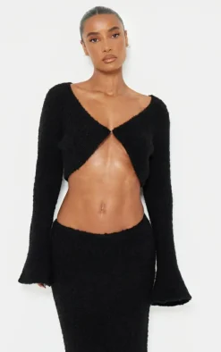 Hot PrettyLittleThing Stripe Textured Knit Flared Sleeve Mini Cardigan Black