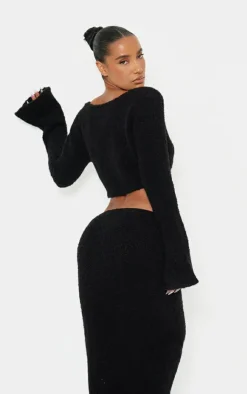Hot PrettyLittleThing Stripe Textured Knit Flared Sleeve Mini Cardigan Black