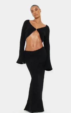 Hot PrettyLittleThing Stripe Textured Knit Flared Sleeve Mini Cardigan Black