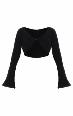 Hot PrettyLittleThing Stripe Textured Knit Flared Sleeve Mini Cardigan Black