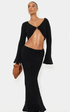Discount PrettyLittleThing Stripe Textured Knit Maxi Skirt Black