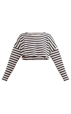 Sale PrettyLittleThing Stripe Textured Rib Oversized Crop Top Black