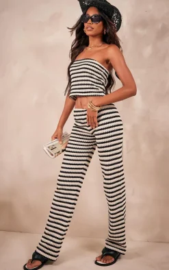 Best PrettyLittleThing Stripe Textured Rib Flared Pants Black