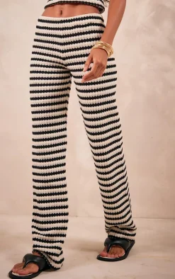 Best PrettyLittleThing Stripe Textured Rib Flared Pants Black