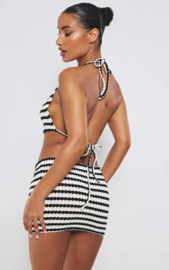Hot PrettyLittleThing Stripe Textured Rib Open Tie Back Cowl Neck Crop Top Black