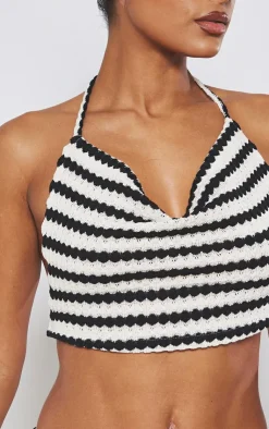 Hot PrettyLittleThing Stripe Textured Rib Open Tie Back Cowl Neck Crop Top Black