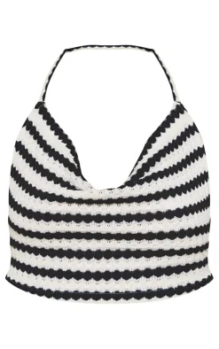 Hot PrettyLittleThing Stripe Textured Rib Open Tie Back Cowl Neck Crop Top Black