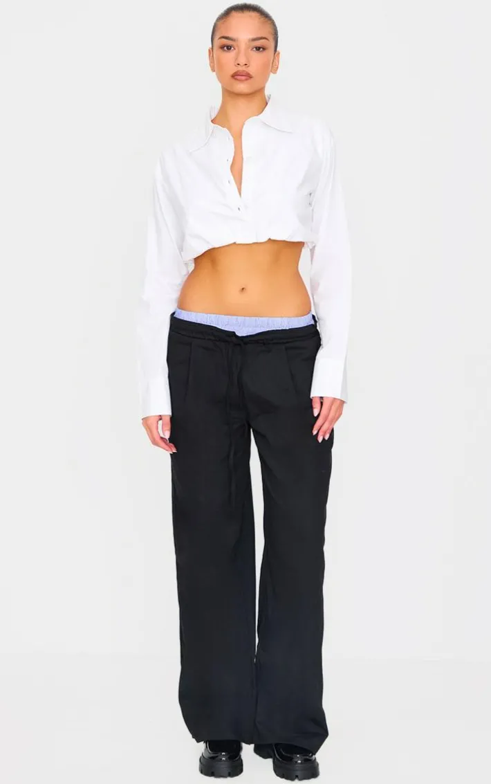 Black Striped Double Waistband Drawstring Wide Leg Tailored Pants