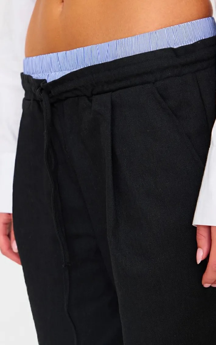 Black Striped Double Waistband Drawstring Wide Leg Tailored Pants