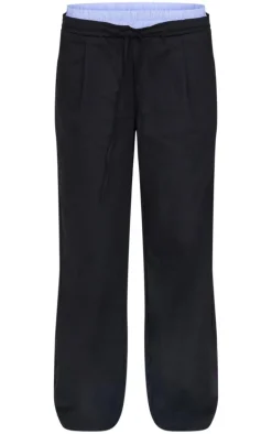 Black Striped Double Waistband Drawstring Wide Leg Tailored Pants