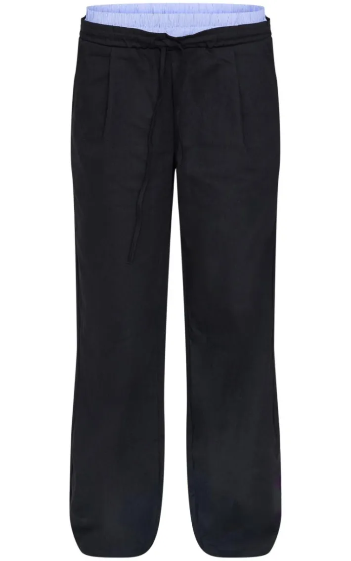 Black Striped Double Waistband Drawstring Wide Leg Tailored Pants
