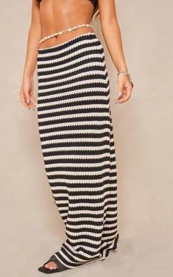 Black Striped Textured Jersey Maxi Skirt