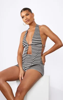 New PrettyLittleThing Striped Textured Rib Halterneck Bralet Black