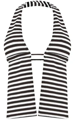 New PrettyLittleThing Striped Textured Rib Halterneck Bralet Black