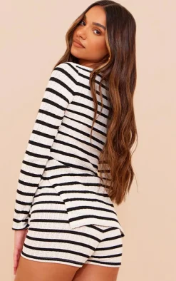 New PrettyLittleThing Striped Textured Rib Long Sleeve Split Hem Longline Top Black
