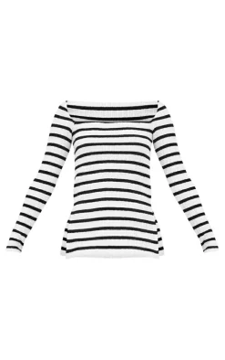 New PrettyLittleThing Striped Textured Rib Long Sleeve Split Hem Longline Top Black